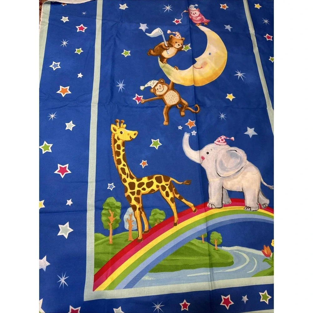 Vintage Style 2 Animal Rainbow Celestial Cotton‎ Quilt Panel Blue 35x44 Nursery